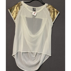 Fun & Flirt Shirt Womens Large White Gold Sequin SHEER Drape Blouse Top Party